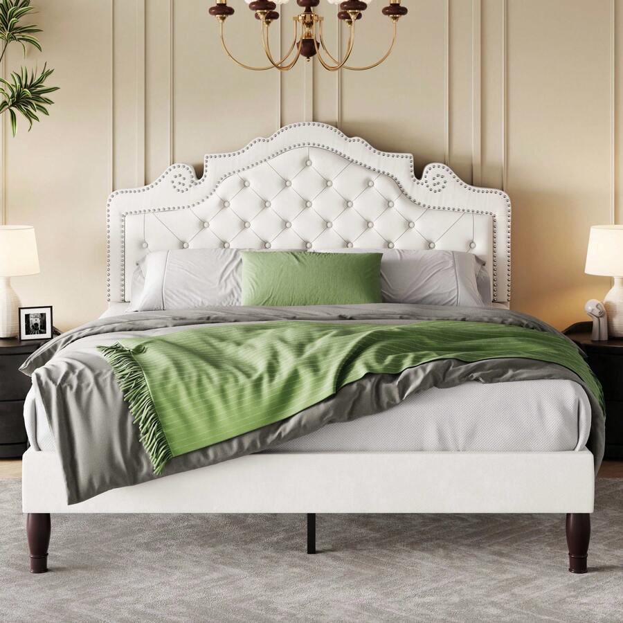 Allewie 3 Sizes Velvet Bed Frame With Adjustable Headboard, Wooden Slats Support, Upholstered Diamond Button Tufted And Metal Studs, No Box Spring Needed, Easy Assembly, White * Bed Frame Queen Queen Bed Frame Bed Frame Full Full Size Bed Frame King Size Bed Frame Twin Bed Frame Room Decor Home Decor Christmas Decor Bedroom Decor Valentine Day Decor Storage Living Room Decor Furniture House Decor - 白色 - 查看 1