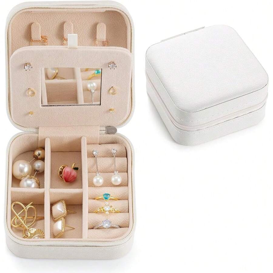 New- All Travel Jewelry Case, To Go Portable Jewelry Box, Travel Jewelry ,Portable Jewellery Storage Holder For Rings Earrings Necklace, Gifts For Girls Women Mirror - - 顏色如圖所示 + 尺寸如圖所示 - 查看 1