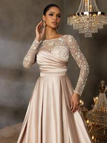 Faeriesty Đầm maxi dài tay cổ tròn thanh lịch dành cho nữ, đính hạt lấp lánh và chất liệu satin tương phản tạo nên vẻ quyến rũ, chi tiết xếp ly ở ngực, hoàn hảo cho thảm đỏ, dạ hội, đám cưới và các bữa tiệc sang trọng, tiệc cưới, vũ hội hóa trang, tiệc vườn huyền bí, bữa tối trang trọng, sự kiện thắt cà vạt đen, váy tốt nghiệp và trang phục sinh nhật cho nữ, váy mùa xuân, trang phục mùa hè. - Rượu sâm banh - Xem 8