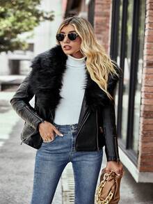 Risissida Women's Faux Leather Jacket For Autumn, Detachable Fur Collar, Motorcycle Style Jacket With Faux Fur Collar, Comes With Belt - Black - View 9