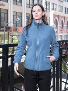 双面女士抓绒外套，380克加厚保暖羊羔绒面料，多功能休闲户外徒步露营城市通勤运动服，秋冬季滑雪适用 - 霧霾藍 - 查看 6