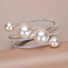 1 pièce Bracelet Manchette avec 3 rangées de perles et de strass sertis, Bracelet polyvalent en cristal