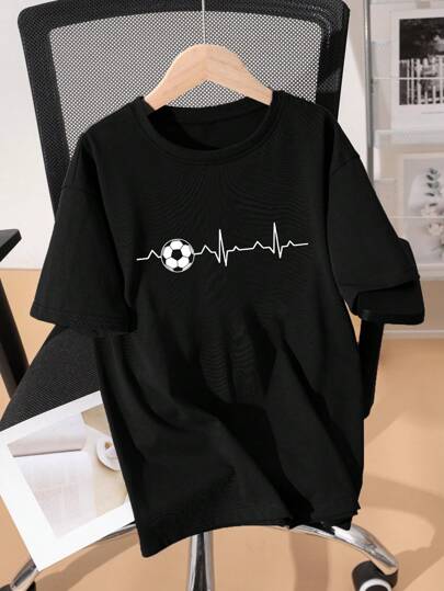 1pc Soccer Print Round Neck Short Sleeve T-Shirt, Sporty Tee For Boys Who Love Football, Summer Pullover