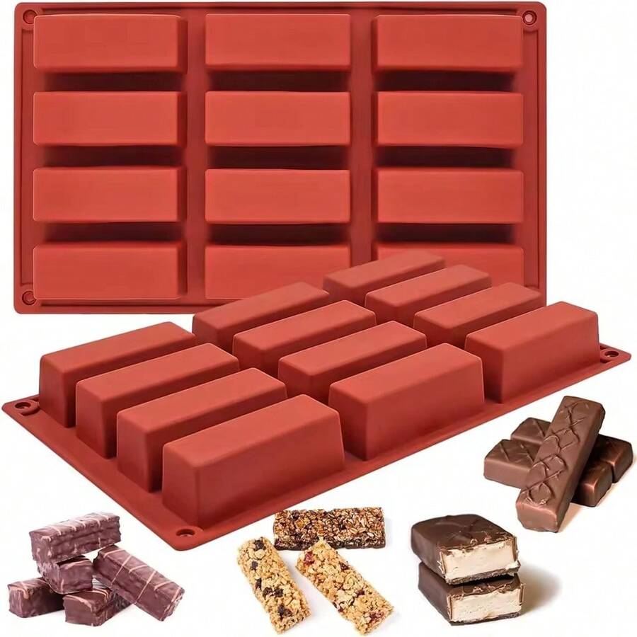 Granola Bar Mold, Rectangular Silicone Candy Mold, Suitable For Baking Energy Bars, Chocolate Bars, 12-Cavity Butter Mold - Rust Brown - View 1