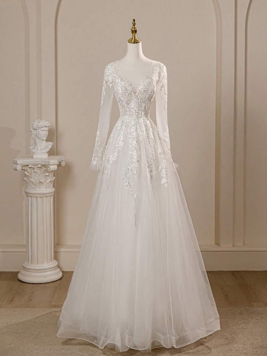 Deep V-Neck Glamorous Lace Champagne Cape Sleeve Tulle Long Wedding Dress For Bride