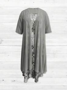 Spring/Summer Plus Size Women's Elegant Floral Print Sleeveless V-Neck Dress With 3/4 Sleeve Sheer Cardigan Two Pieces Set, Perfect For Romantic Weddings, New Year Outfits, Casual Outings Like Walking And Drinking Coffee - Grey - View 2