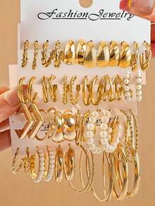 48-12pcs Bohemian Hoop Earrings Set, Faux Pearl And Hollow Flower Design Earrings, Versatile Daily Jewelry Gift For Women - Gold - View 9