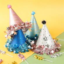Plush Ball Pompom Star Trim Birthday Hat, Cake Party Decor Matte Pearl Cone Tip Cap For Adults
