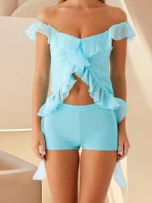 Women Y2k Frill Trim Off Shoulder Tank Top Little See Through Low Cut Solid Color Backless Sleeveless Irregular Ruffle Tassel Cami Shirt Summer Crop Top Streetwear - Màu xanh lam - Xem 3