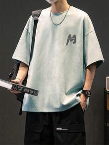 قميص تي شيرت كاجوال رجالي بياقة طاقم وأكمام قصيرة من الجلد المدبوغ، للخريف