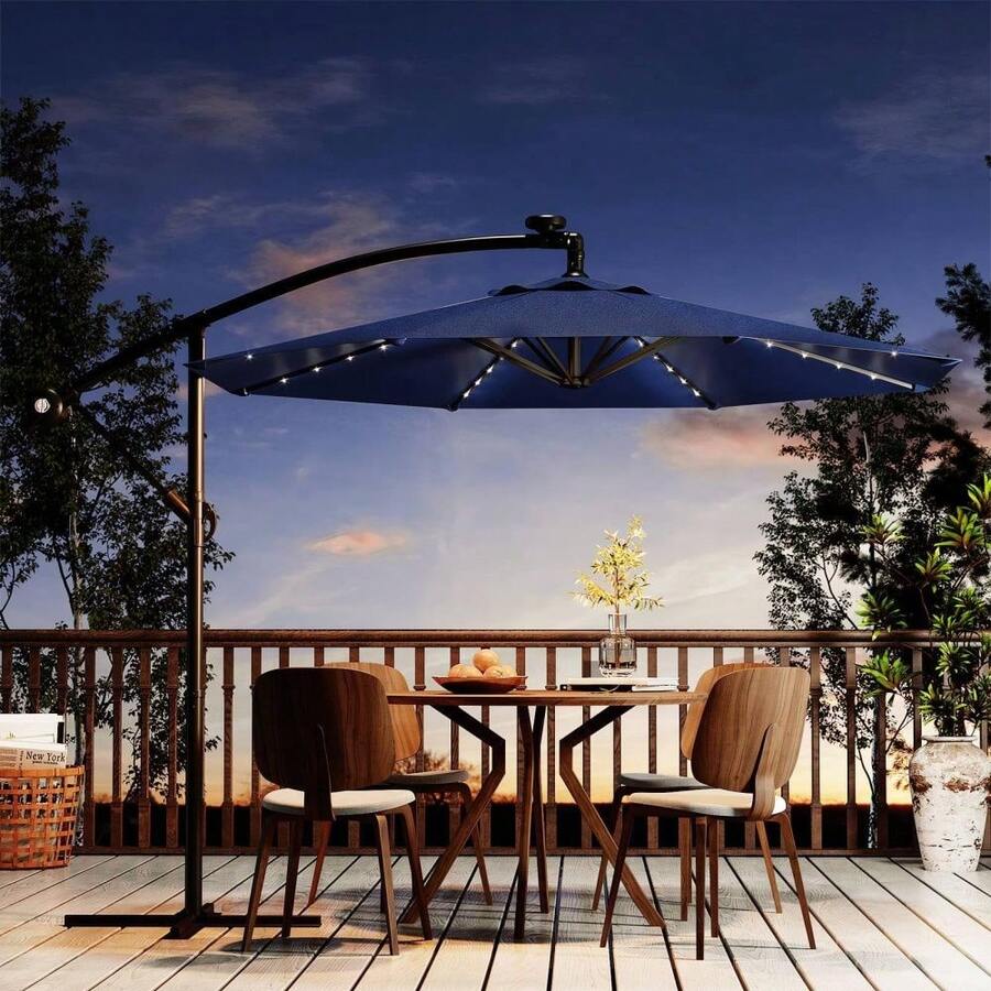 10ft Solar Lights Patio Umbrealla, Outdoor Offset Cantilever Umbrella, Easy Lift & Tilt Adjustment, 8 Ribs Sun Umbrella UV Protection For Market Garden Deck Backyard Pool - 藏蓝色 - 查看 1