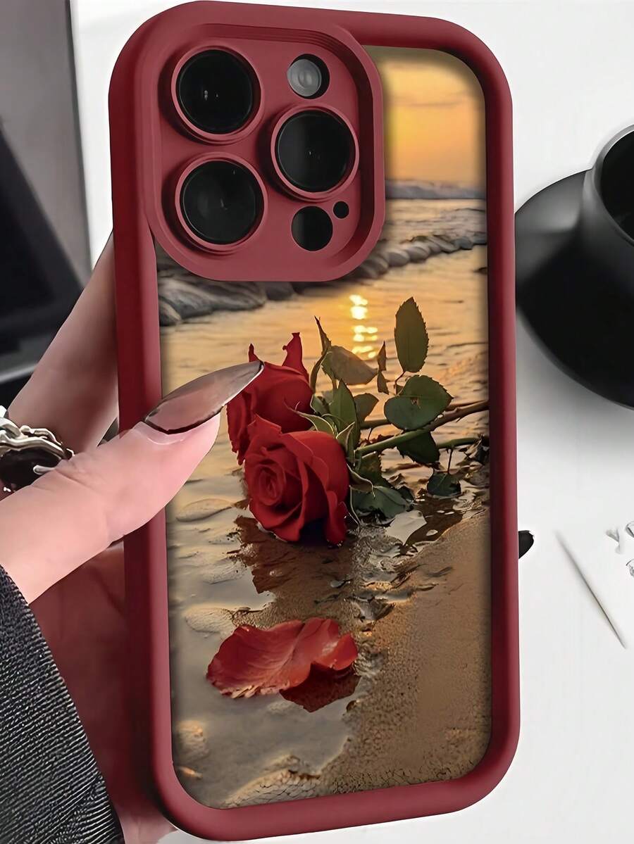 花卉元素 TPU 时尚酒红色海玫瑰 TPU 防摔手机壳 1 件装 兼容 16 15 14 13 12 11 Pro Max 兼容三星系列 防水防震防刮 生日礼物 周年纪念 - 彩色 - 查看 1