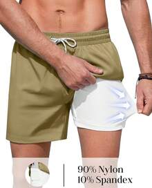 Mens Swim Trunks With Compression Lined Short Bathing Suits For Men 5 Inch Inseam Liner Men's Swimming Trunk - Khaki - View 3