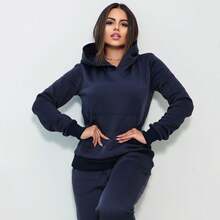 Women's Sweatshirt Set Kangaroo Pocket Hooded Cold Weather Set Plush Tracksuit Sweatshirt - 藏蓝色 - 查看 4