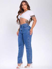 Women's High Waisted Mom Jeans Premium 100% Cotton Butt Lifting High Waist - 大理石白 - 查看 5