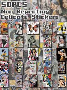 50pcs Fashion Art Themed Stickers Non-Repeating Delicate Decoration For Holiday Gift Party Decors Home Decor Birthday Gift Luggage Scooter Hand Account Water Bottle Cups Laptop Tablet Phone Case Very Funny Stickers School Supplies, Back To School