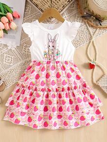 Young Girl' Cartoon Rabbit & Strawberry Print Dress, Casual Adorable Frill Trim And Sleeves Cake Dress - White - View 1