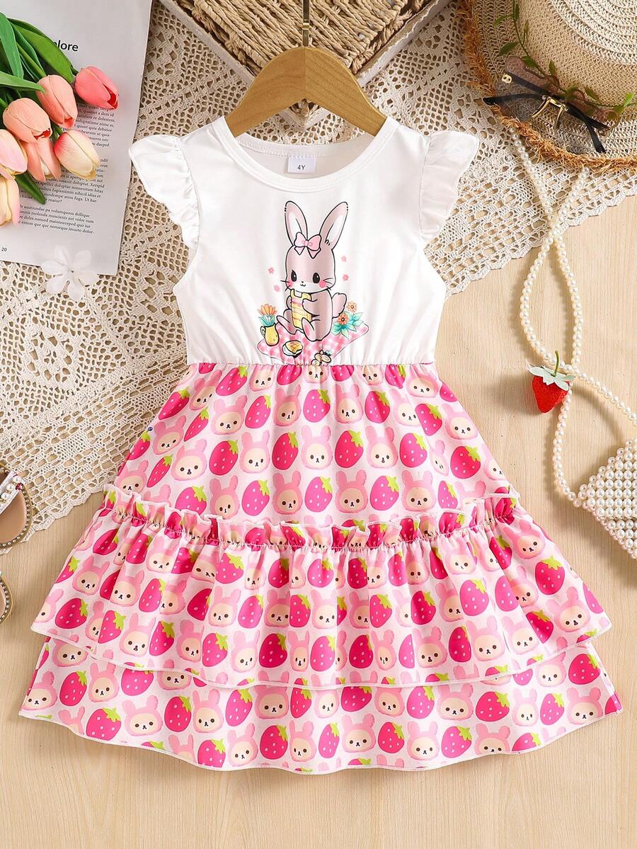 Young Girl' Cartoon Rabbit & Strawberry Print Dress, Casual Adorable Frill Trim And Sleeves Cake Dress - White - View 1