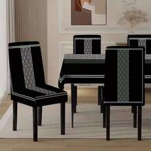 1/4/5/6/7件时尚简约欧美风印花椅套/椅套套装,适用于室内家居餐厅、酒店现代日常装饰。桌布适用于方桌,弹力椅套可水洗 - YT-095 - 查看 10