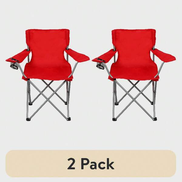 (2 Pack) Outdoor Chair, Red Basic Quad Folding Camp Chair With Cup Holder, Bright Red, Adult