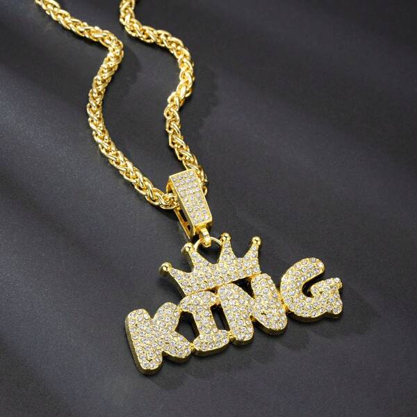 1piece European And American Hip-Hop Three-Dimensional Full-Rhinestone Crown KING Letter Necklace, , Suitable For Daily Festival Parties, And Gifts.