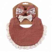 Adjustable Baby Girl Bow Headband & Saliva Towel Set, Lace Detail, Solid Color Double-Sided Waterproof Dribble Bib, Cute & Versatile - Multicolor - View 17