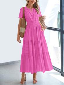 Womens Summer Maxi Dresses Short Sleeve High Waist Tiered Flowy A-Line Boho Bohemian Beach Long Dress Holiday Vacation Beach Valentine Long Dress Outfit - 玫紅色 - 查看 1