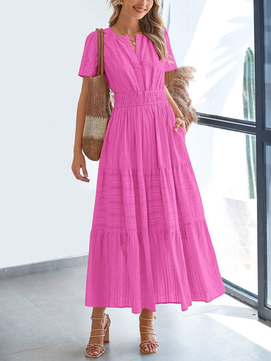 Womens Summer Maxi Dresses Short Sleeve High Waist Tiered Flowy A-Line Boho Bohemian Beach Long Dress Holiday Vacation Beach Valentine Long Dress Outfit - 玫紅色 - 查看 1