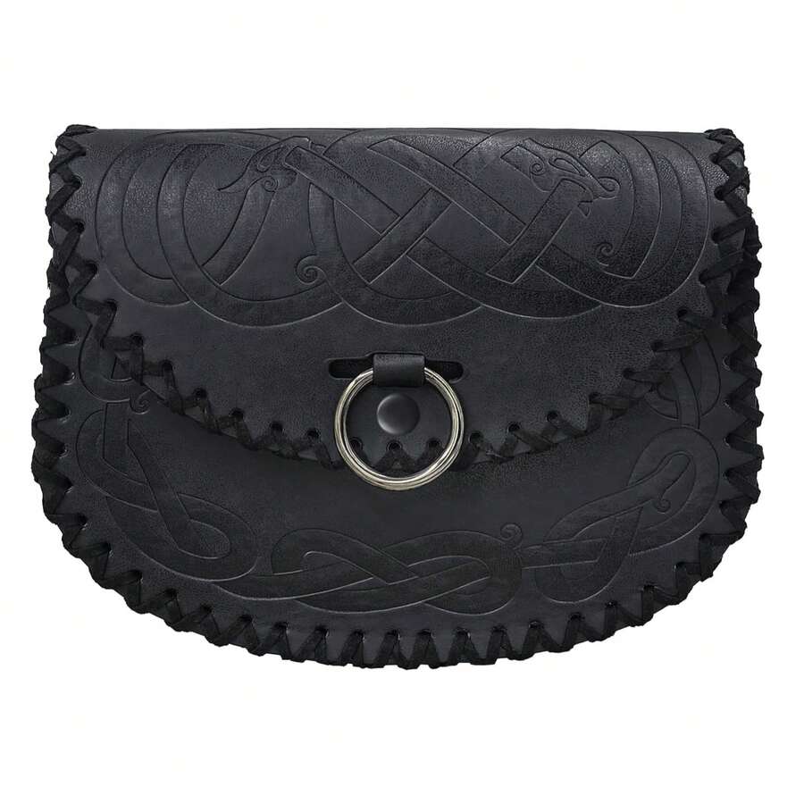 Viking Embossed Belt Bag, Vintage Medieval Faux Leather Side Pack, Middle Ages Portable Belt Pouch For LARP Ren Faire - A - 查看 1