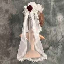 1 件复古新娘茶会头饰 - 带有红玫瑰和珠子装饰的花卉蕾丝面纱，韩式/日式婚礼摄影游行配饰，手洗涤纶发饰仅限万圣节 - 彩色 - 查看 7