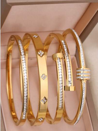 Bracelet élégant et de luxe pour femme en acier inoxydable avec cristaux en zircone. Convient pour un port quotidien, l'empilement et les cadeaux de mariage/anniversaire