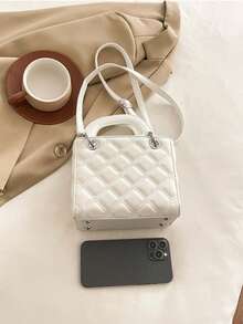 Fashionable New Women's Handbag, Solid Color Minimalist PU Leather Small Square Bag, Elegant & Chic, Suitable For Dates, Shopping, Versatile, Comes With Bow & Pearl Charm, Perfect Gift For Girlfriend, Fits Wallet, Shopping, Young Women, College Students, Office Ladies. Suitable For Office, University, Work, Business, Commuting, Outdoor Activities, Travel And Excursions - White - View 8