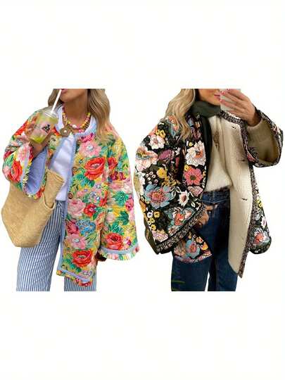 Chaqueta acolchada holgada de invierno para mujer, con estampado floral, botones, manga larga, abrigo acolchado, ropa de abrigo cálida