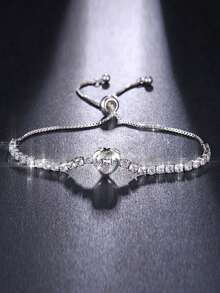 1 Piece Full Of Rhinestones Adjustable 18K Gold Plated Bracelet For Women New Heart Zirconia Bracelet Jewelry - Silver - View 4