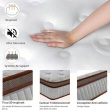 Matelas 140x200 cm - Épaisseur 25 cm - Ressorts ensachés - Mousse à mémoire de forme - Latex très épais - Confort ferme - 10 zones