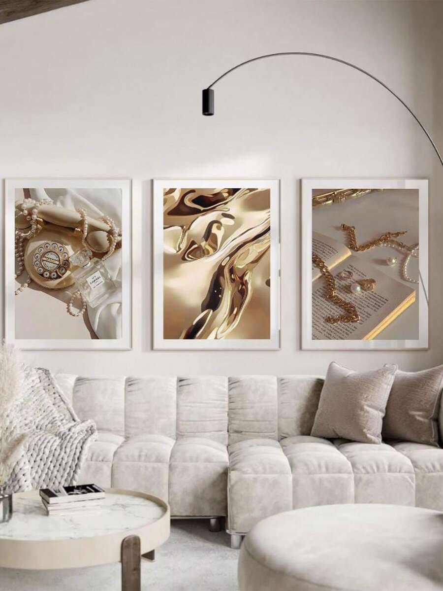 1 pieza Obra de arte de pared dorada y beige, impresión en lienzo, pósteres de arte de moda de lujo, decoración de arte moderno de pared, decoración para sala de estar, dormitorio, oficina y hogar, sin marco