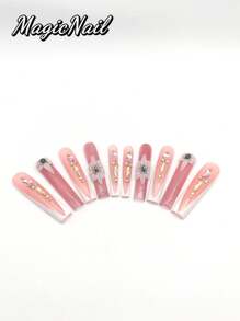 10 Pieces Of Pure Hand-Pressed Wearable Nail, Press On Nails,Nail Supplies,Nails Ptess On,Beach Essentials,55mm-Length Nail Pieces, Flesh-Colored White Dark V-Shaped, Hand-Kneezed Convex Petals With Metal Jewelry Flower Heart, Moon-Shaped Rhinestone