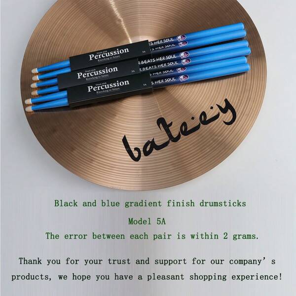 1 par de baquetas de madera de arce con pintura multicolor, tamaño 5A, baquetas para batería electrónica con estilo degradado negro y azul, textura fina y bien equilibradas