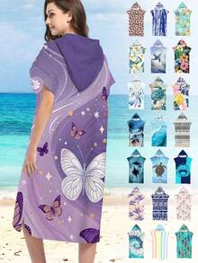 1pc Butterfly Print Purple Metallic Poncho - Ultra-Soft Microfiber Hooded Butterfly Pattern, Suitable For Boys, Girls, Couples - Beach & Home Decor, Couples Cloak | Microfiber Robe Back To School - Multicolor - View 3