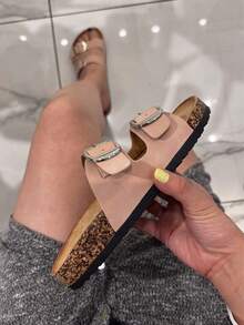 女式简约扣环设计休闲平底凉鞋 - 藕粉色 - 查看 3