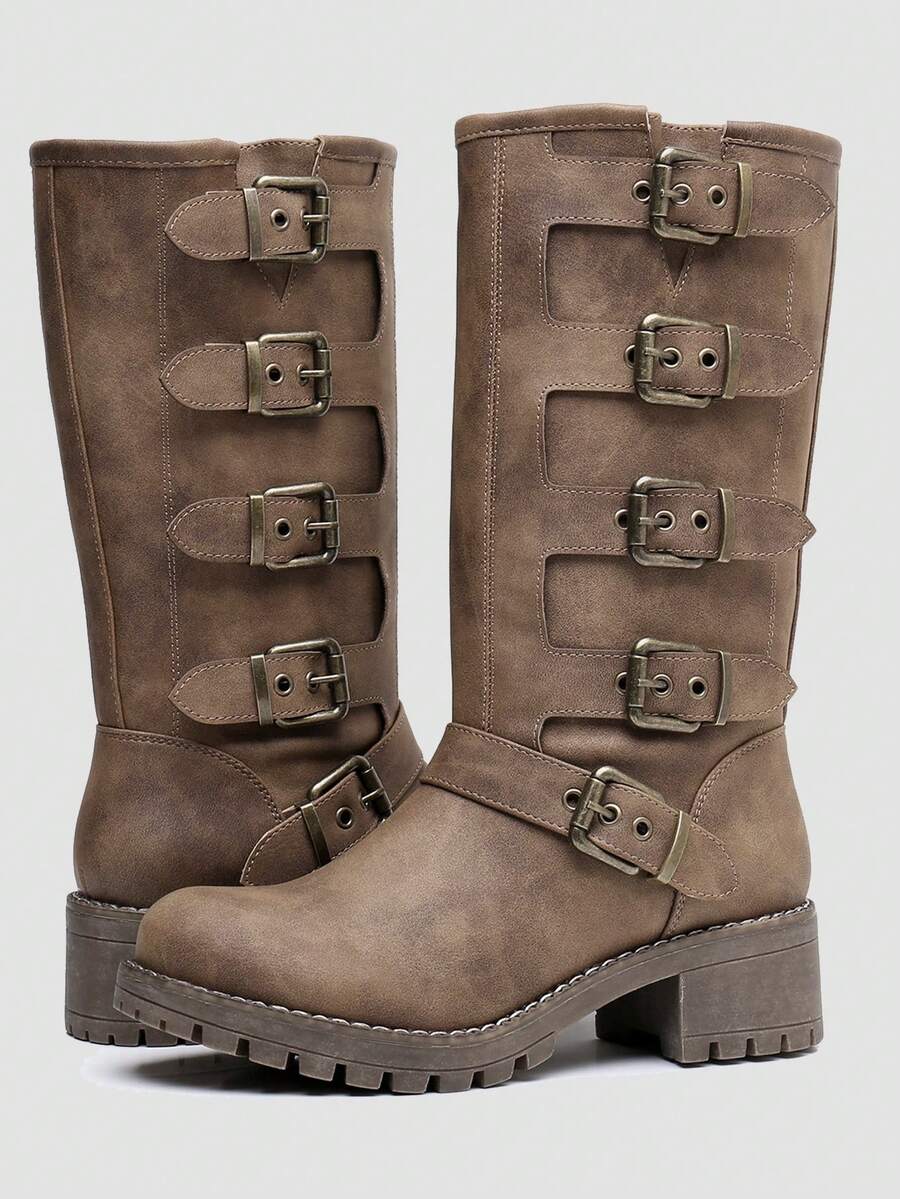 GLOBALWIN Chunky Mid Calf Fashion Dressy Motocycle Biker Military Style Combat Boots For Women Low Heel Fall Boots Halloween Season - 駝色 - 查看 1