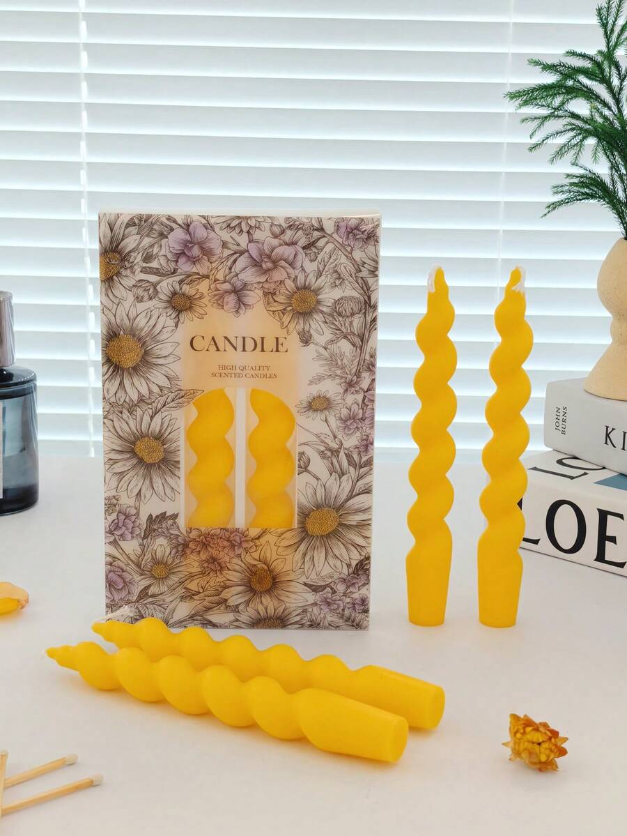 4pcs Spiral Long Rod Scented Candles, Yellow Twisted Candles With Fragrance, Home Decor Gift For Kitchen, Bedroom, Christmas Atmosphere