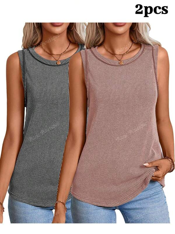 2 piezas Top de punto acanalada de cuello redondo para mujer, casual de verano
