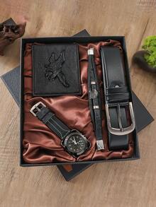 4pcs/Set Fashion Creative Round Digit Watch + Wallet + Belt + Leather Bracelet Gift Set For Men, Father's Day - Multicolor - View 4