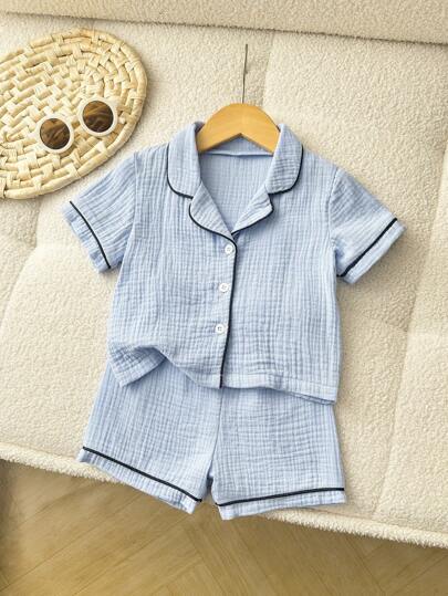Baby Boy Soft Cotton Pajama Set For Summer - Solid Color Short Sleeve Shorts Sleepwear, Collar, Cute Infant Pajama Set