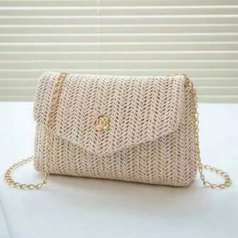Women's Casual Woven Shoulder Bag, No Print Design, Magnetic Closure, Lightweight, Polyester Lining, Metal Chain Strap, Suitable For Daily Commute And Beach Holiday