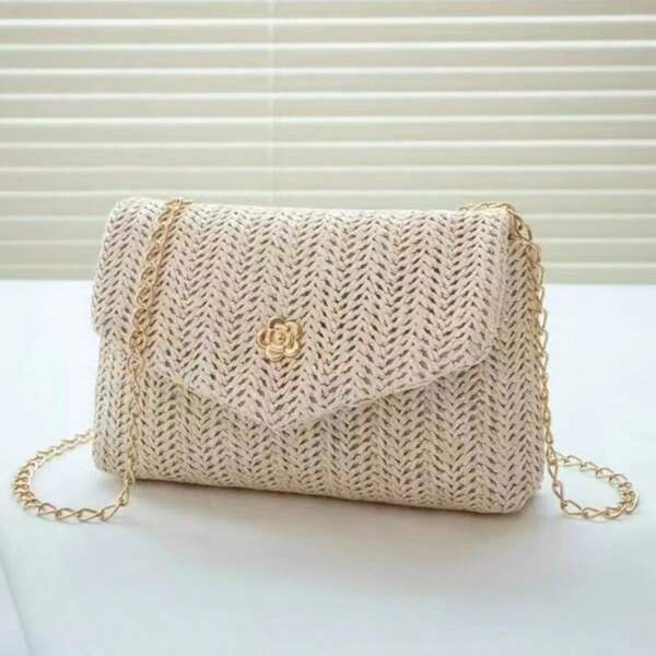 Women's Casual Woven Shoulder Bag, No Print Design, Magnetic Closure, Lightweight, Polyester Lining, Metal Chain Strap, Suitable For Daily Commute And Beach Holiday