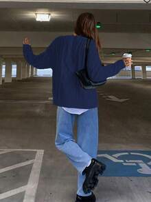 FOR BEAUTY Autumn And Winter New Round Neck Twisted Flower Long Sleeve Knitted Sweater Tops Women Loose Dark Blue Simple Fashion Commuting Style Women's Sweater Dark Blue Long Sleeve Casual Lazy Style Warm Top - Blue - View 2