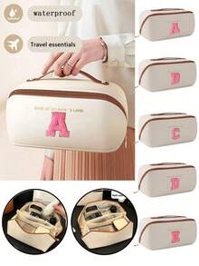 1pc 26 Letter Cosmetic Storage Bag, PU Leather Waterproof Cosmetic Bag, Large Capacity And Spacious Double-Layer Cosmetic Bag, Multi-Function Ladies' Travel Handbag, Cosmetics Sorting Bag - Multicolor - View 2