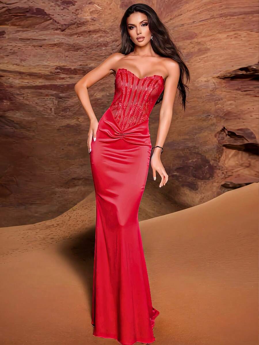 Women's Lace Patchwork Satin Dress With Non-Slip Straps, Hidden Zipper, Strapless Design